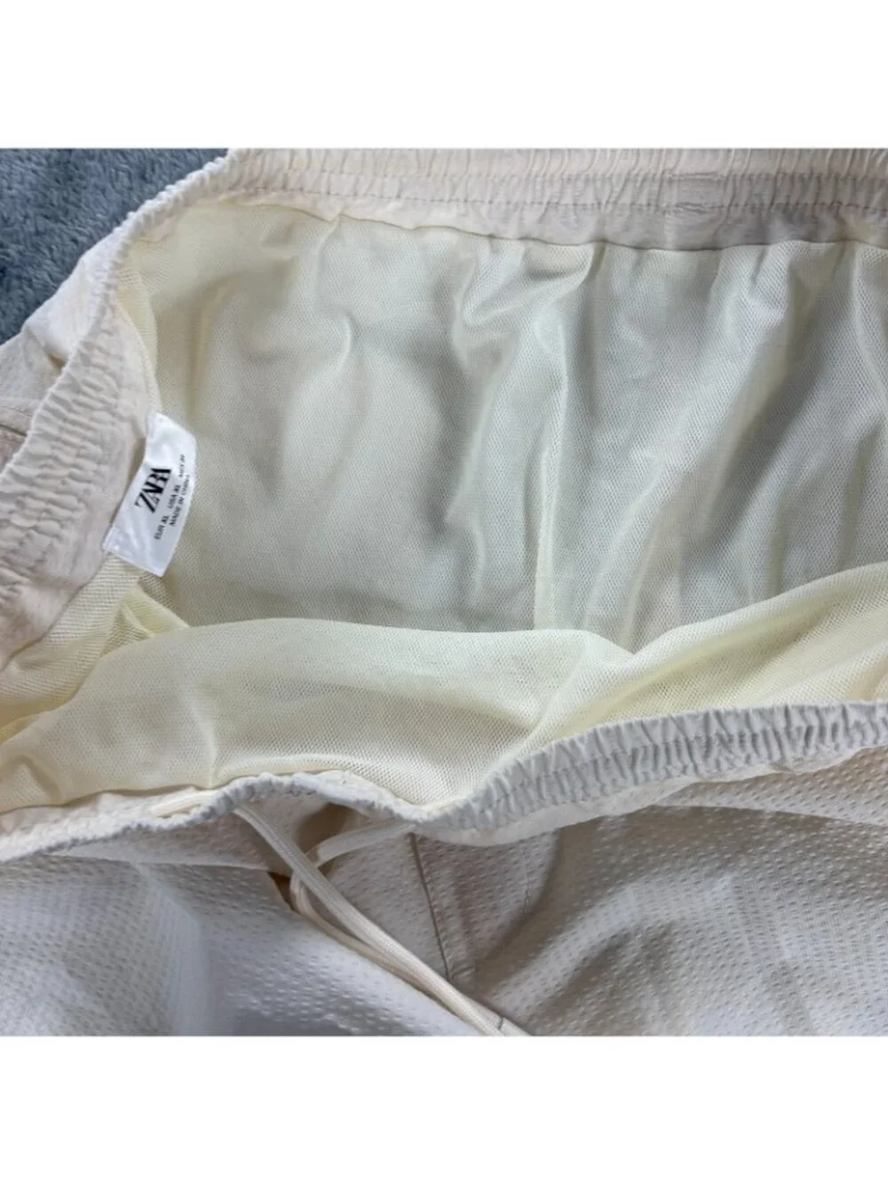 Zara Mens XL Cream Seersucker Swim Trunks Shorts Mesh Lined Drawstring 8574 467